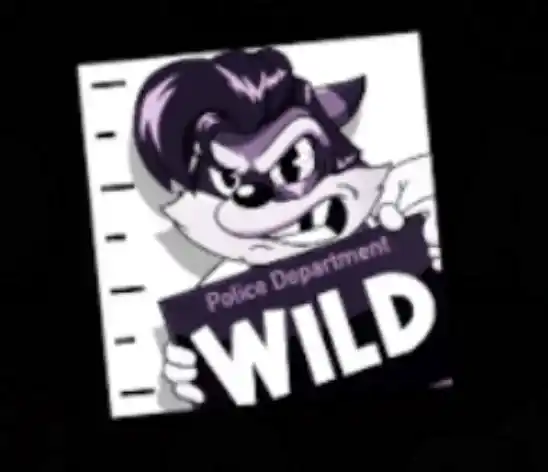Símbolo comodín de dibujos animados de un mapache fichado con el texto “WILD” para la tragamonedas Le King.