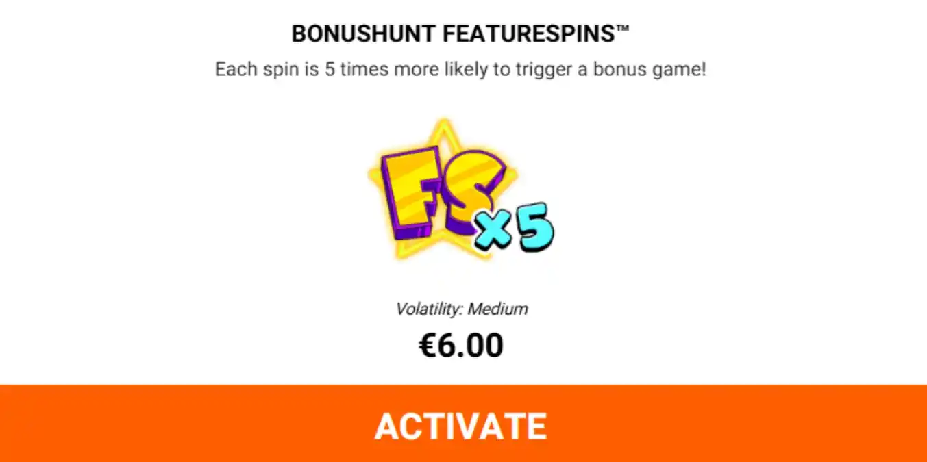 Bonushunt Featurespins pantalla con multiplicador x5 y precio de compra de €6.00