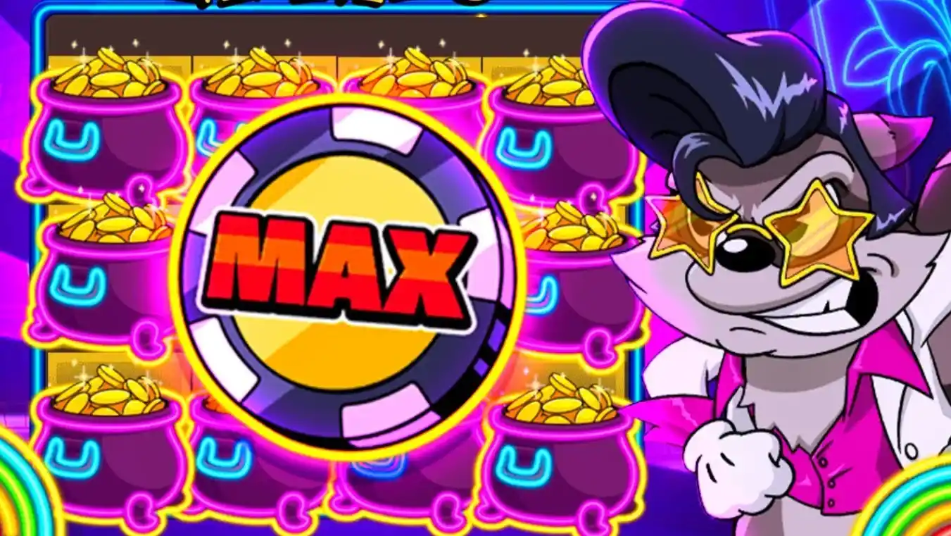 Ficha MAX con ollas de oro al fondo y personaje mapache estrella.