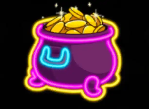 Pot of gold bonus symbol glowing in neon style from Le King slot